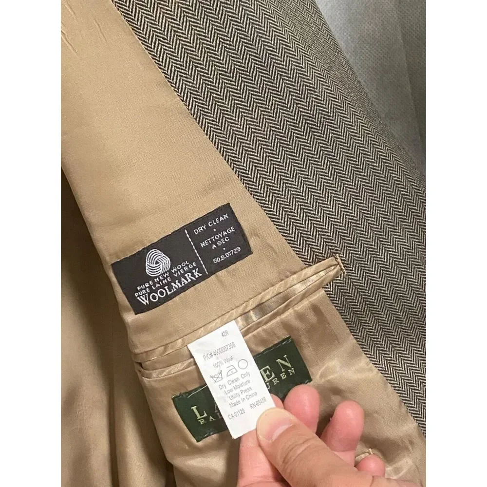 Ralph Lauren Blazer‎ Men 42R Gold Beige Herringbone 2B Wool Sport Coat Luxury